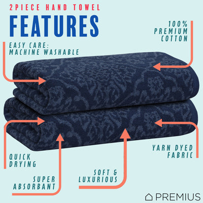 20 of 23:PREMIUS 2 Pack Damask 100% Cotton Yarn Dyed Hand Towel, 16x28 Inches 