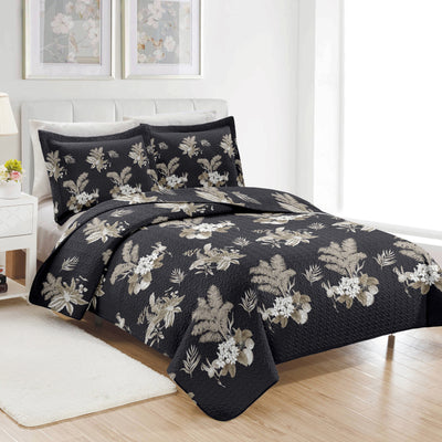 6 of 10:PREMIUS Mia 3 Piece Microfiber Wrinkle-Free Quilt Set, Black-Taupe 