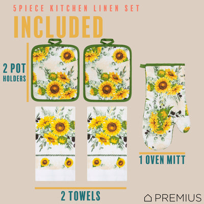 7 of 61:PREMIUS 5 Piece Printed Kitchen Linen Set, 2 Cotton Towels, 2 Pot Holders, 1 Oven Mitt 