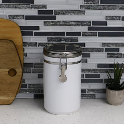 4 of 4:Boîte Home Basics de 1,3 l avec couvercle en acier inoxydable, blanche 