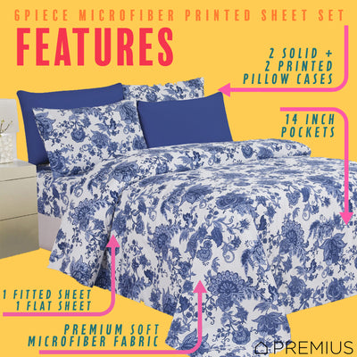 6 of 12:PREMIUS Premium Azure 4 & 6 Piece Microfiber Printed Wrinkle-Free Sheet Set 
