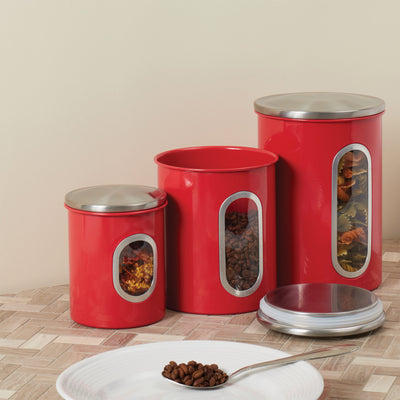 5 of 5:Home Basics 3 Piece Stainless Steel Top Canisters with Windows, Red 