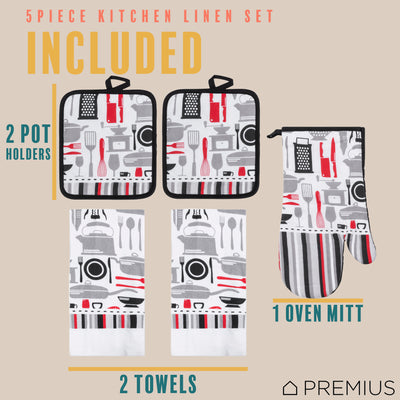 52 of 61:PREMIUS 5 Piece Printed Kitchen Linen Set, 2 Cotton Towels, 2 Pot Holders, 1 Oven Mitt 