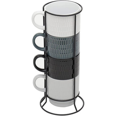 3 of 6:Home Basics 4 Piece Ceramic Stackable Mug Set With Stand, Embossed Obelisk 