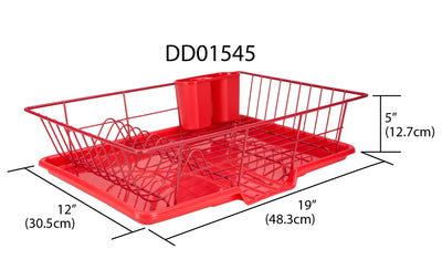 6 of 6:Home Basics 3 Piece Rust-Resistant Vinyl Dish Drainer with Self-Draining Drip Tray, Red 