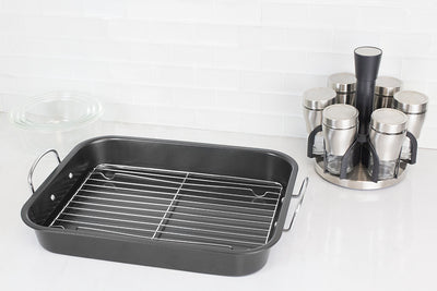 5 of 6:Home Basics Roast Pan with Grill Rack, Grey 