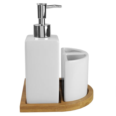 1 of 4:Ensemble d'accessoires de salle de bain en céramique Home Basics Serene Scandinavian, 4 pièces, avec plateau en bambou, blanc 