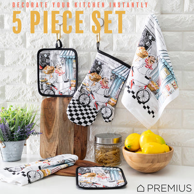 33 of 61:PREMIUS 5 Piece Printed Kitchen Linen Set, 2 Cotton Towels, 2 Pot Holders, 1 Oven Mitt 