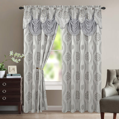 1 of 1:Aurora Tree Leaf Jacquard Window Panel with Attached Valance, Silver, 54x84 Inches 