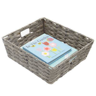 2 of 4:Home Basics Large Faux Rattan Basket with Cut-out Handles, Grey 