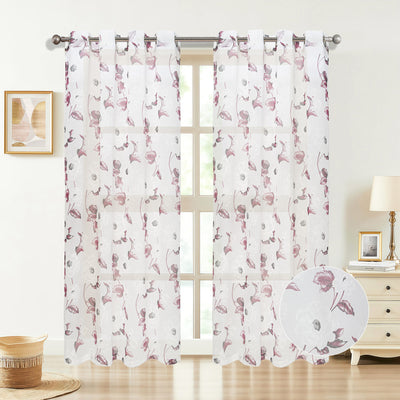 1 of 6:Loro Sheer Floral Printed Grommet Window Curtain Panel, 54x84 Inches 