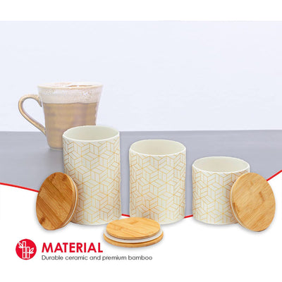 5 of 7:Ensemble de 3 boîtes en céramique Home Basics Cubix avec couvercle en bambou, blanc 
