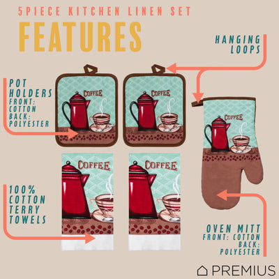 28 of 61:PREMIUS 5 Piece Printed Kitchen Linen Set, 2 Cotton Towels, 2 Pot Holders, 1 Oven Mitt 
