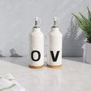4 of 4:Ensemble huile et vinaigre en céramique Home Basics 283 ml avec détails en bambou, blanc 