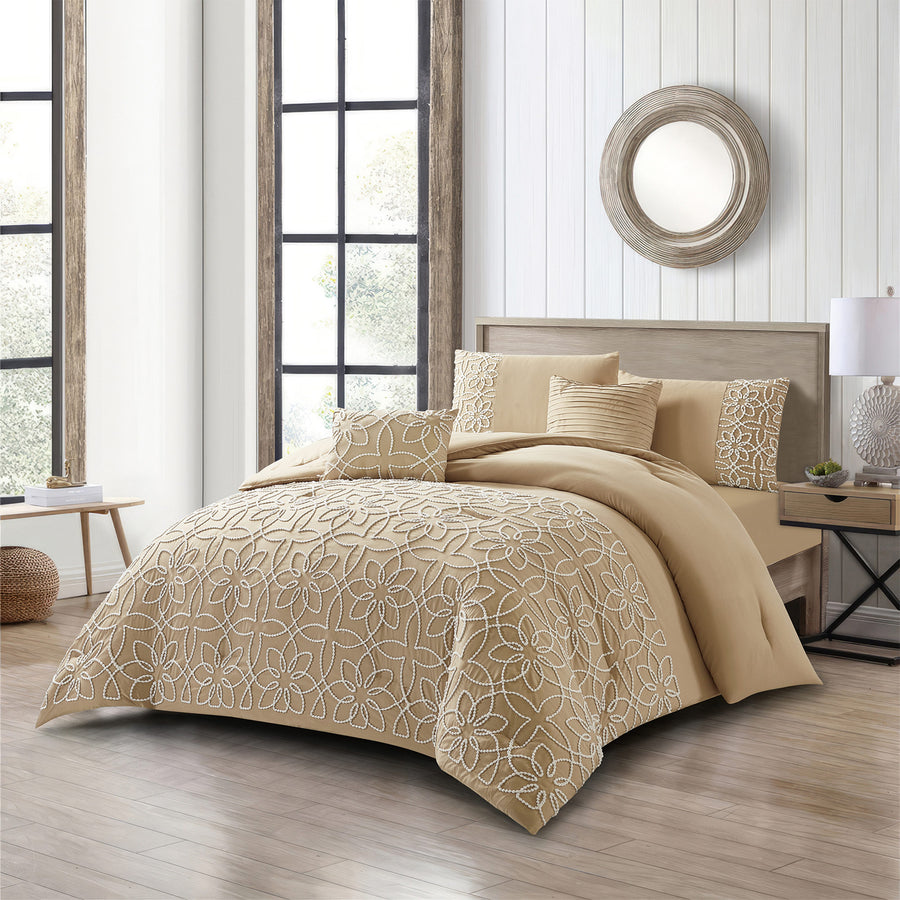  Jezebelle 5 Piece Embroidered Textured Design Comforter Set, Taupe, King 
