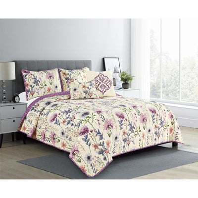 2 of 2:Liverpool Floral Oversized 5 Piece Reversible Quilt Set, Beige-Purple 