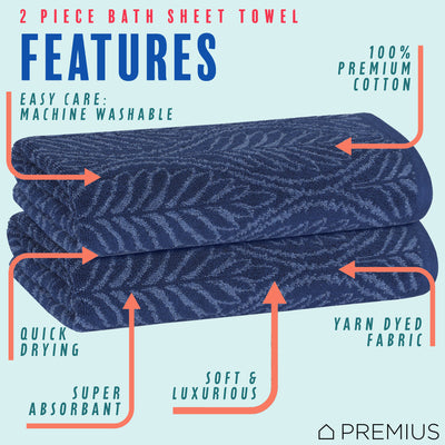 14 of 23:PREMIUS 2 Pack Leaf 100% Cotton Yarn Dyed Bath Sheet Towel, 32x64 Inches 
