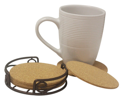 1 of 4:Home Basics Natural Cork 6 Piece Coaster Set with Scroll Collection Steel Holder 