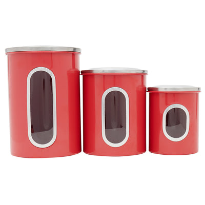 2 of 5:Home Basics 3 Piece Stainless Steel Top Canisters with Windows, Red 