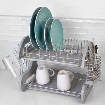 6 of 6:Home Basics 2-Tier Plastic Dish Drainer, Grey, 22x11x13.5 Inches 