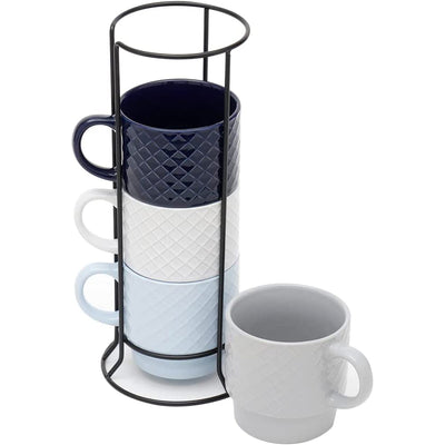 2 of 5:Home Basics Juego de tazas apilables de 4 piezas con soporte, diseño de tejido en relieve 