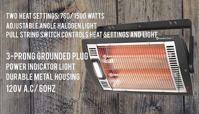 3 of 3:Comfort Zone Czqtv5m Ceiling and Patio Mount Quartz Heater, Black, 1500 Watts 