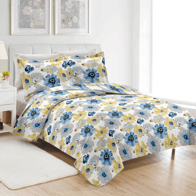 1 of 9:Ensemble de courtepointe infroissable en microfibre PREMIUS Eliana, 3 pièces, bleu-jaune 