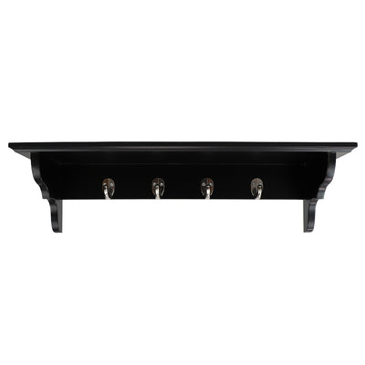 2 of 4:Home Basics Wood Floating Shelf with Key Hooks, Black 