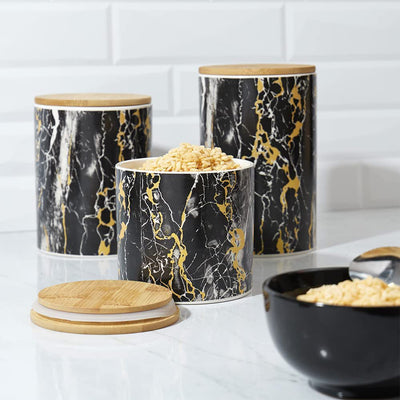 6 of 6:Home Basics 3 Piece Ceramic Canister Set with Bamboo Lids, Marble Black 