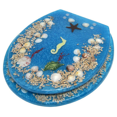 1 of 1:Elegant Touch Seashell Seahorse Design Polyresin Standard Toilet Seat, Blue 