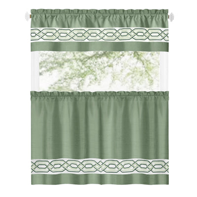 32 of 40:Paige Embroidered Kitchen Curtain and Valance Set, Tiers 55x36, Valance 55x13 Inches 