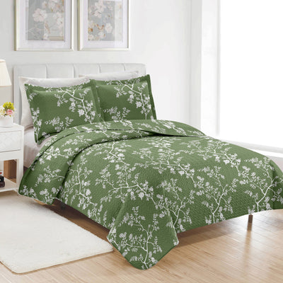 6 of 10:PREMIUS Fernando 3 Piece Microfiber Wrinkle-Free Quilt Set, Green-White 