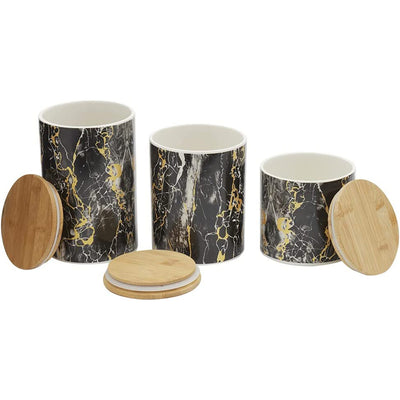 3 of 6:Home Basics 3 Piece Ceramic Canister Set with Bamboo Lids, Marble Black 