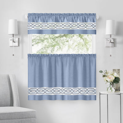 37 of 40:Paige Embroidered Kitchen Curtain and Valance Set, Tiers 55x36, Valance 55x13 Inches 