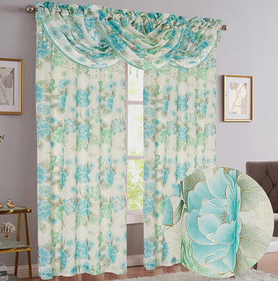 19 of 24:Gwen Dahlia Foil Sheer Rod Pocket Window Panel and Valance Treatments 