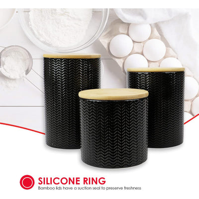 5 of 9:Home Basics 3 Piece Ceramic Canister Set with Bamboo Lids, Wave Black 