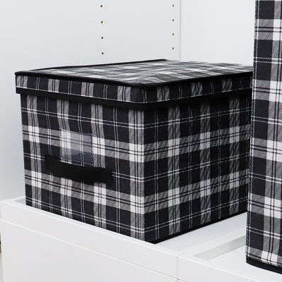 4 of 4:Home Basics Plaid Non-Woven Large Storage Box with Label Window, Black 