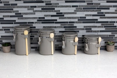 3 of 3:Home Basics Lot de 4 boîtes en céramique avec couvercle et cuillères en bois, gris 