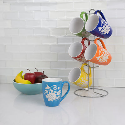 4 of 6:Home Basics Juego de tazas florales con soporte, 6 piezas, multicolor 