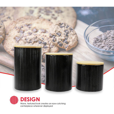 4 of 9:Home Basics 3 Piece Ceramic Canister Set with Bamboo Lids, Wave Black 