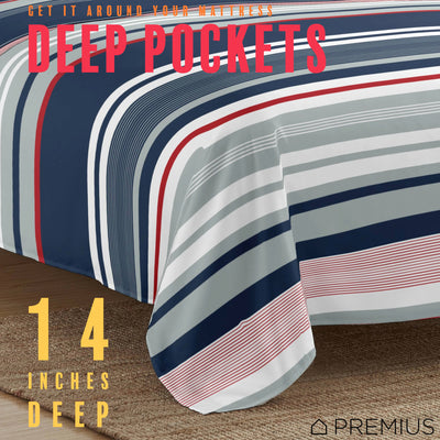 12 of 28:PREMIUS Mateo Soft Wrinkle-Free Microfiber Sheet Set, Blue-Multi-Striped 