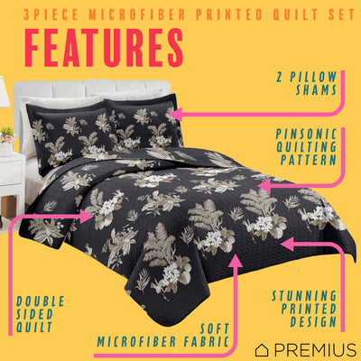 7 of 10:PREMIUS Mia 3 Piece Microfiber Wrinkle-Free Quilt Set, Black-Taupe 