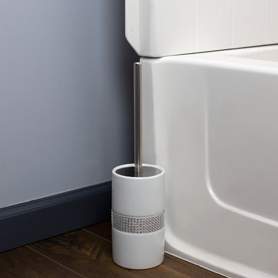 4 of 5:Home Basics Sequin Accented Ceramic Luxury Hideaway Toilet Brush Holder with Steel Handle, White 