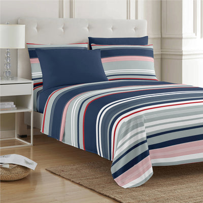 8 of 28:PREMIUS Mateo Soft Wrinkle-Free Microfiber Sheet Set, Blue-Multi-Striped 