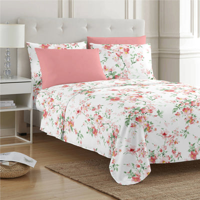 8 of 28:PREMIUS Jennifer Soft Wrinkle-Free Microfiber Sheet Set, White-Pink 