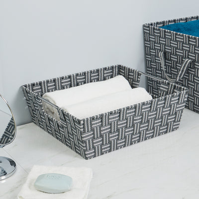 5 of 5:Grand bac de rangement Home Basics à rayures et sangles tissées, gris 