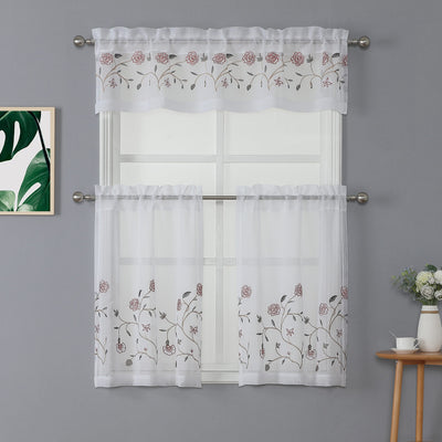 2 of 4:Vivian 3-Piece Floral Embroidered Kitchen Curtain Set With Valance, 60x15 Inches 
