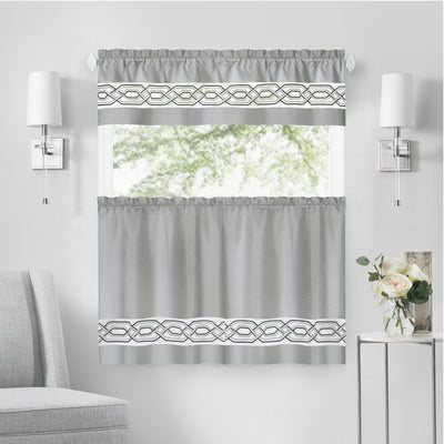 21 of 40:Paige Embroidered Kitchen Curtain and Valance Set, Tiers 55x36, Valance 55x13 Inches 
