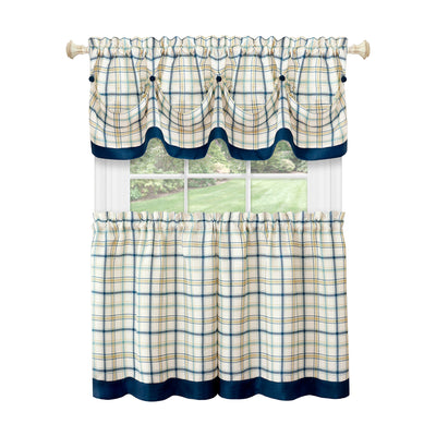 4 of 4:Tattersall Window Curtain Tier Pair and Valance Set - 58x24 - Navy 