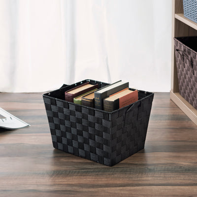 2 of 2:Home Basics Multi-Purpose Stackable Medium Woven Strap Open Bin with Cut-Out Handles, Black 